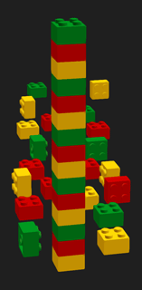 Сборка прямого столбика из кубиков ЛЕГО трех разных цветов